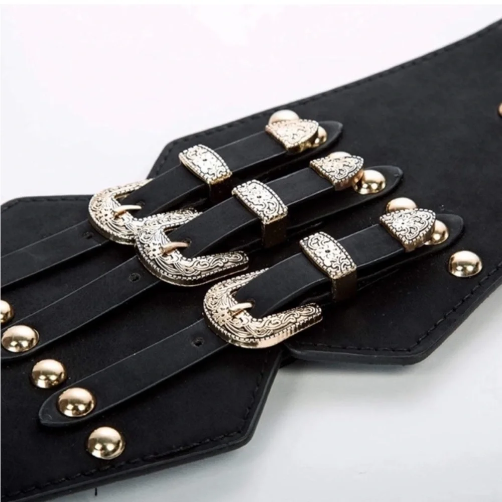 - Leather Triple Buckle Western Belt Retro Buckle Strap Belt Corset Belt *…NEW